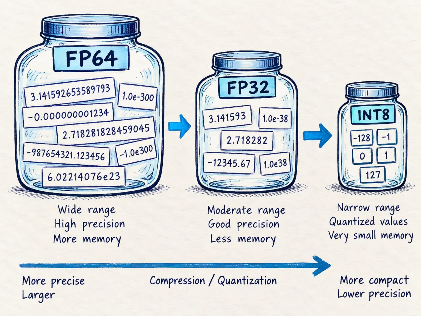 Hand-drawn jars compare the wider FP64 and FP32 representations with compact, stepped INT8 values.